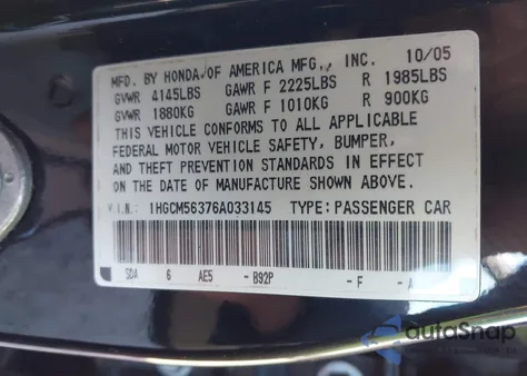 2006 Honda Accord 2.4 Se from USA, damaged, VIN 1HGCM56376A033145